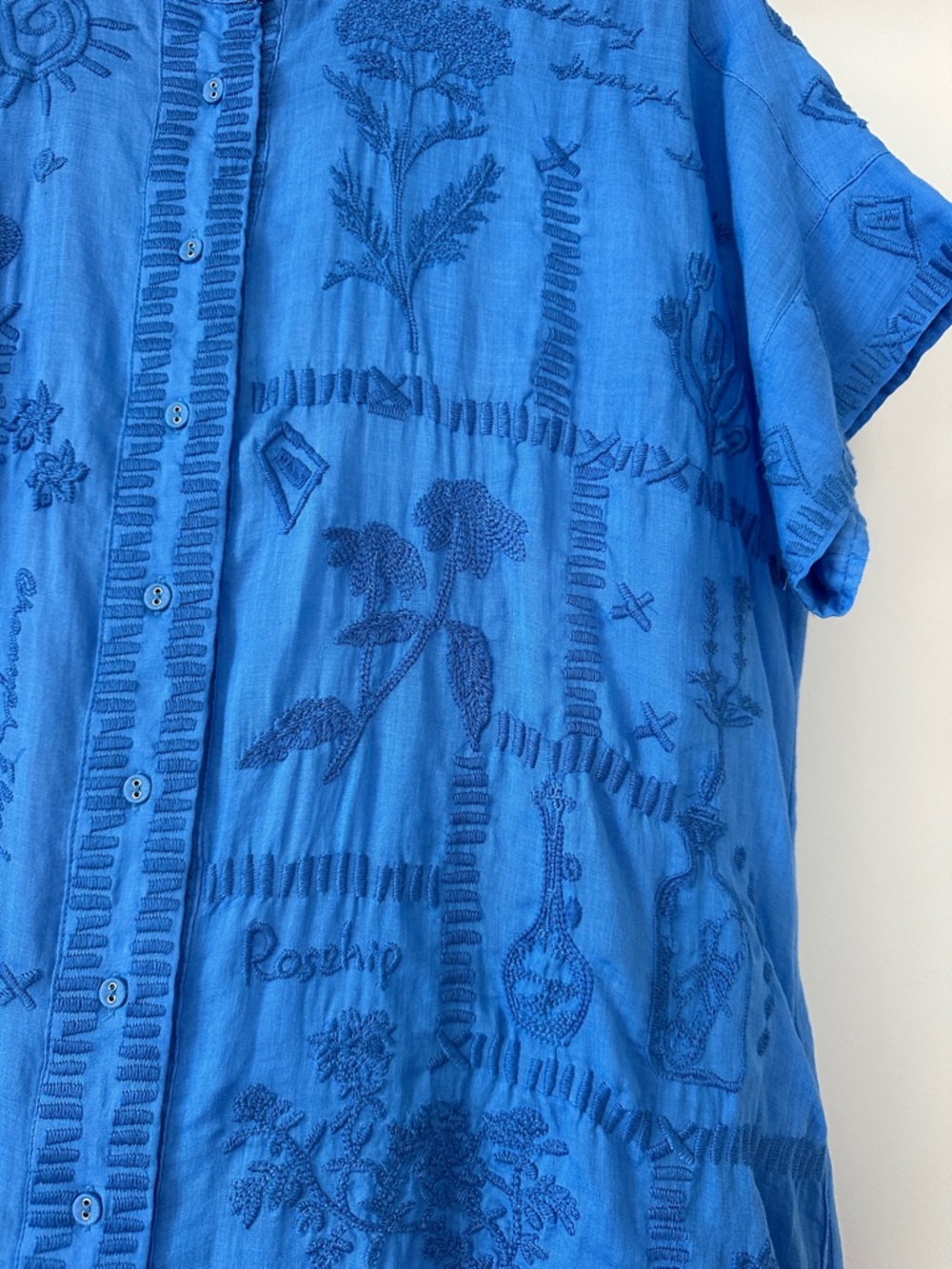Johnny Was Bright Blue Embroidered Button-Front Tunic - Picture 3 of 9